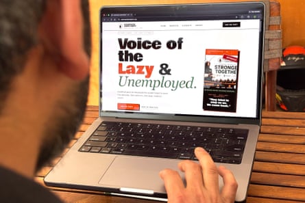A man visits the CJP webpage on a laptop. It reads: Voice of the Lazy and Unemployed.