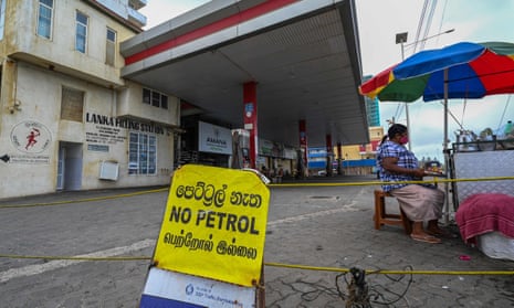 A sign reading 'no petrol' at a closed Ceylon Petroleum Corporation filling station in Colombo