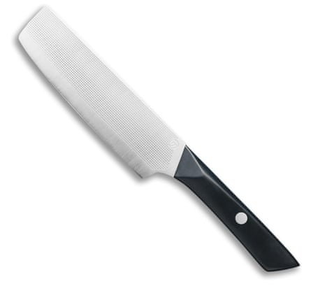 a silver knife with a black handle