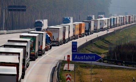 Trucks queuing at the German-Polish border on 18 March 2020, after both countries unilaterally imposed checks despite a Brussels plea for unity