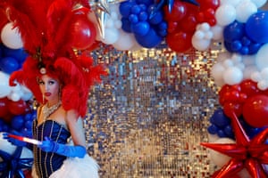 A showgirl attends a voting party at Las Vegas City Hall