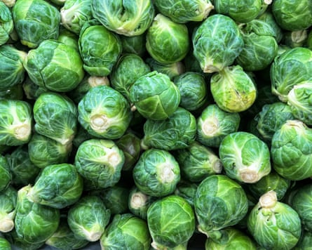 High angle view of a heap of raw brussels sprouts