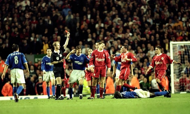 Liverpool derbies are always passionate affairs – Steven Gerrard is shown a red card after his foul on Everton’s Kevin Campbell in 1999.