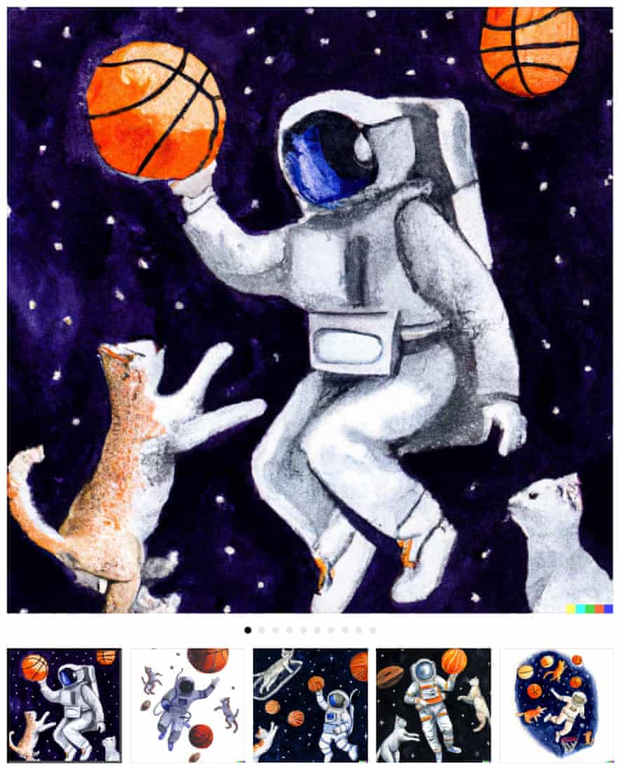 An astronaut playing basketball with cats in space in a watercolor style, generated by DALL•E 2