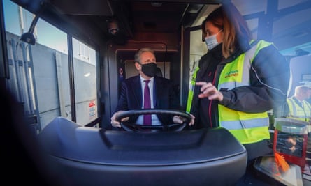 Labor leader Sir Keir Starmer views a hydrogen bus during a tour of Tyseley Energy Park in Birmingham earlier this year.