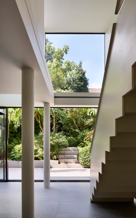 A view from inside the basement floor, showing the staircase and leafy garden beyond