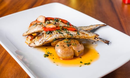 Grilled Sardines Plate with Red Pepper and Potato in a Portuguese Restaurant