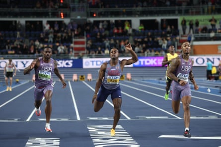 Jordan Anthony (right) comes home in front of Trayvon Bromell (left), who took bronze, and Jeremiah Azu of Great Britain.