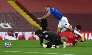 Dominic Calvert-Lewin is felled by Trent Alexander-Arnold.