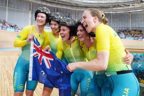 Sophie Edwards, Claudia Marcks, Alyssa Polites, Felicity Wilson-Haffenden, and Georgia Baker of Australia celebrate winning gold in the women