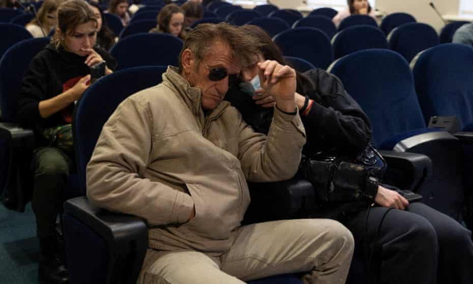 Sean Penn attends a press briefing at the Presidential Office in Kyiv, Ukraine on 24 February
