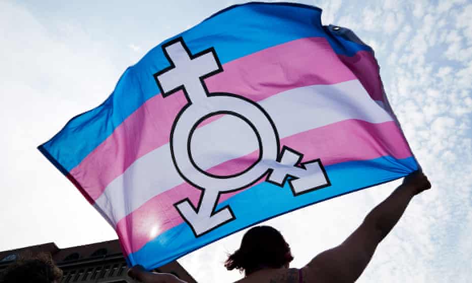 a trans and gender- diverse flag during held up during a rally in support of LGBTQ rights.