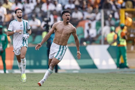 Bounedjah celebrates scoring Algeria's second goal.