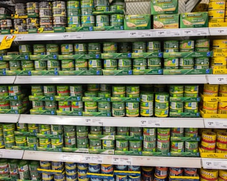 Supermarket shelves stocked with rows of tinned tuna and fish products