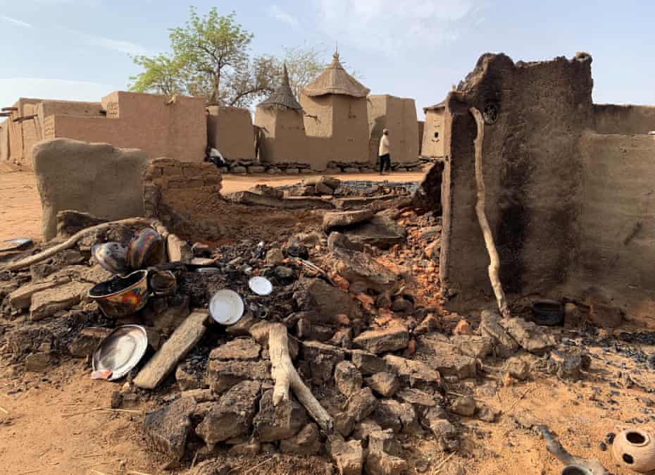 Damage at the site of an attack on the Dogon village of Sobane Da, Mali