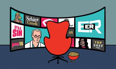 Illustration of a wide screen with popular TV shows on it