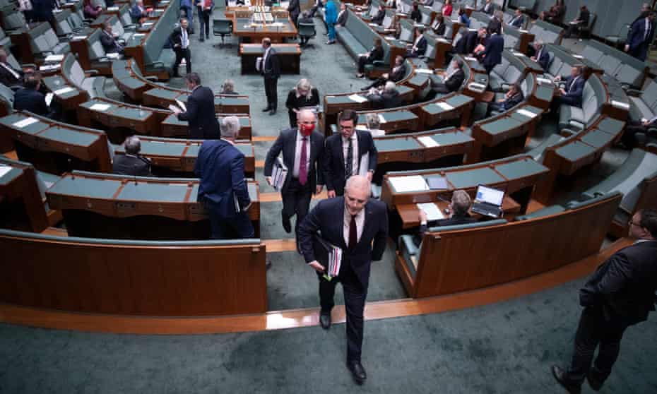 Prime minister Scott Morrison leaves the chamber after question time in the House of Representatives