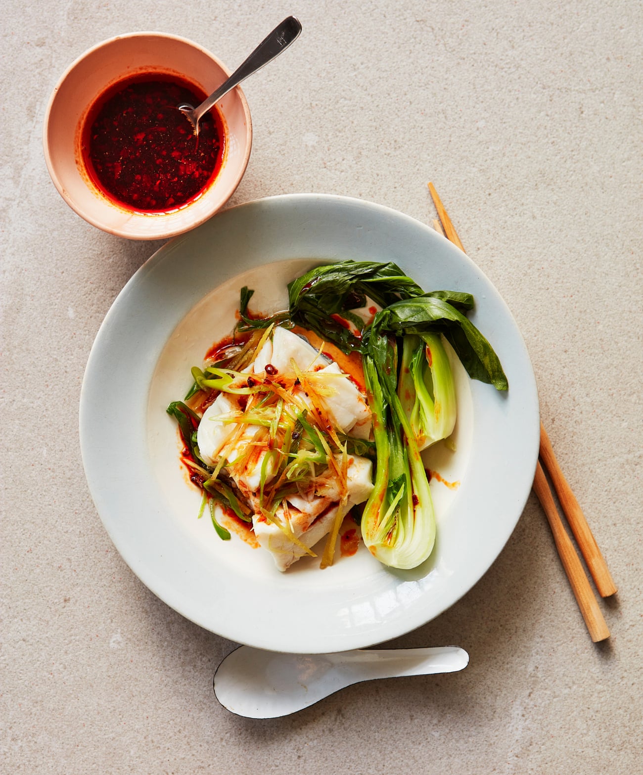 Thomasina Miers’ recipe for steamed fish with Sichuan sauce and greens ...