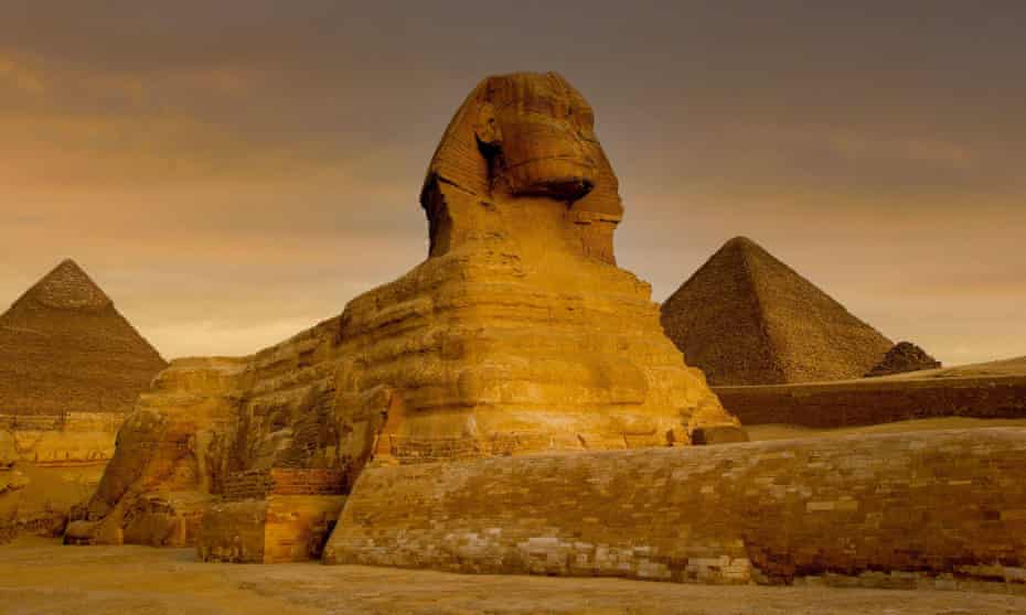 The sphinx and pyramids at Giza, Egypt.