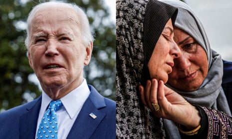 A side-by-side image of President Joe Biden and Palestinians mourning a family member who was killed by Israeli settlers