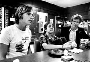 Young actors Mark Hamill, Carrie Fisher and Harrison Ford take a break from filming Star Wars in 1977