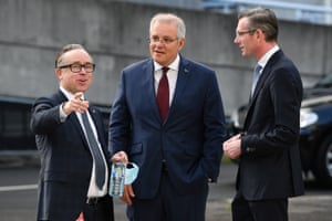 NSW Premier Dominic Perrottet, Prime Minister Scott Morrison and Qantas CEO Alan Joyce.