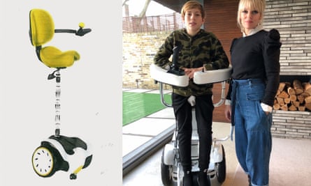Left, Standing Chair prototype by Suzanne Brewer. Right, Brewer with her son Jarvis