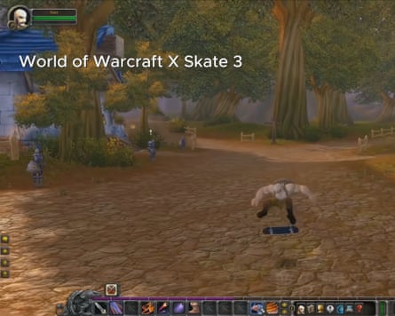 A video game character skateboards through a forested village in a fantasy setting