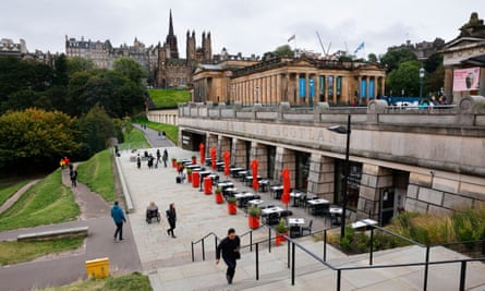 People walking outside a long building with the engraved name National Galleries of Scotland