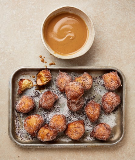 Yotam Ottolenghi's ricotta fritters with hibiscus sugar and cajeta.