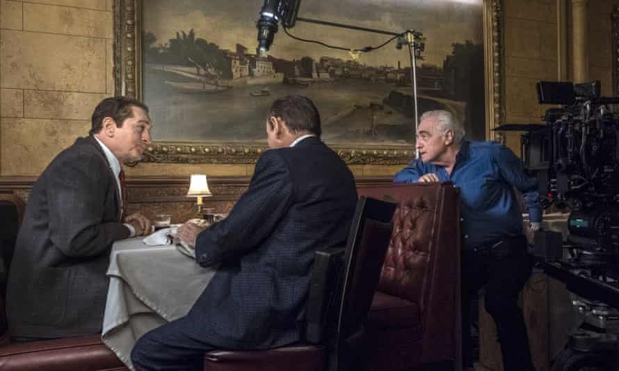 Director Martin Scorsese, right, with actors Robert De Niro, left, and Joe Pesci on the set of The Irishman.