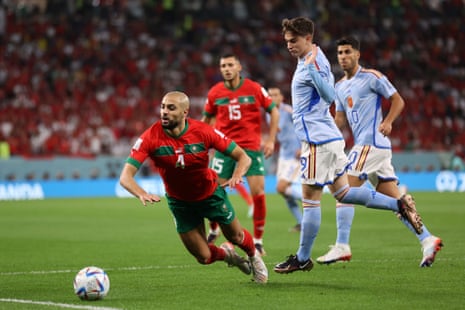 Sofyan Amrabat is fouled by Gavi.