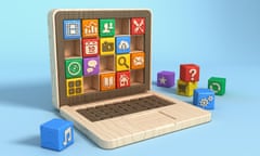 CGI image of laptop with colourful wooden blocks and application software symbols. Blue background.
