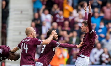 Hearts’ Kyle Lafferty celebrates scoring what proved the only goal of the game against Celtic