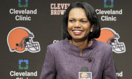 Condoleezza Rice talks with the media after visiting Cleveland Browns coaches and players in Ohio in 2010.