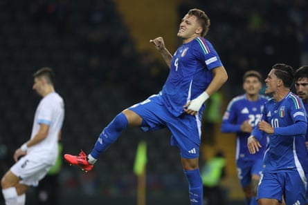 Mateo Retegui after scoring for Italy against Israel.