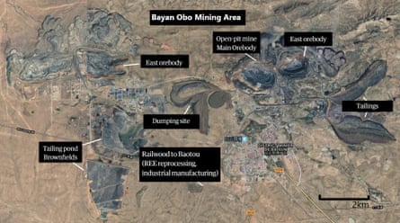 A map of mines in Bayan Obo. Rare earths were first discovered in the area, north of Baotou, in the 1930s.