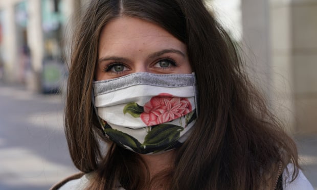 A woman wearing a homemade protective face mask in Leipzig, Germany on 20 April