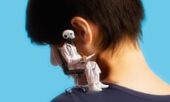 Photomontage of a head turned away with a robot next to its ear, all dressed in white like a doctor, stethoscope round its neck, holding a notepad and pen