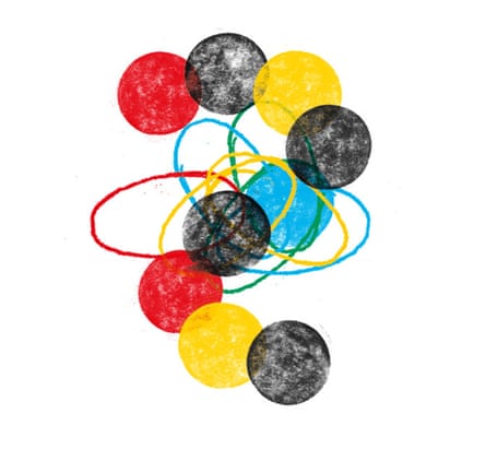 An illustration of black, red, yellow and blue spheres jumbled together