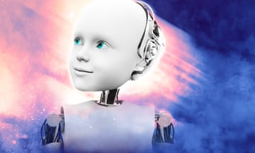 3D rendering of the head and face of a child robot against a futuristic space background in pink and blue.