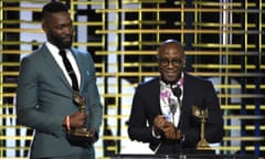 Tarell Alvin McCraney, Barry Jenkins<br>Tarell Alvin McCraney, left, and Barry Jenkins accept the award for best screenplay for “Moonlight” at the Film Independent Spirit Awards on Saturday, Feb. 25, 2017, in Santa Monica, Calif. (Photo by Chris Pizzello/Invision/AP)