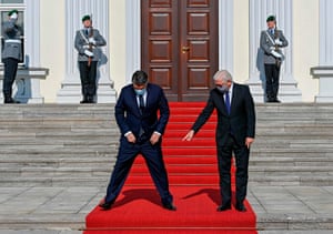 Berlin, Germany President Frank-Walter Steinmeier, right, shows his Croatian counterpart Zoran Milanovic where to stand during a welcoming ceremony at the presidential Bellevue palace