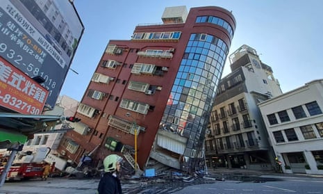 A building in Hualien county, Taiwan, leaning heavily as its bottom floors have collapsed on the right-hand side