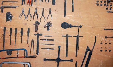 A wooden panel for storing the tools
