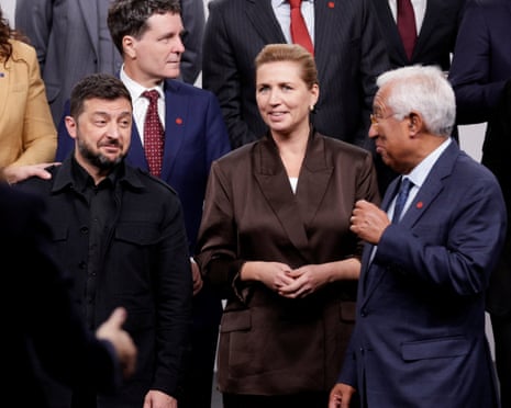 Denmark's prime minister Mette Frederiksen, Ukraine's President Volodymyr Zelenskyy and European Council President Antonio Costa at the European Political Community summit in Copenhagen, Denmark.