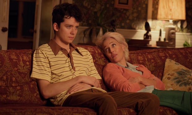 With Asa Butterfield on a sofa playing the no-boundaries therapist Jean in Netflix’s Sex Education.