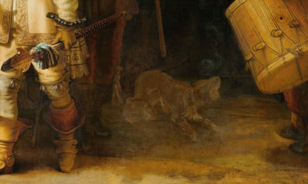 The figure of the dog in the lower right portion of the painting.