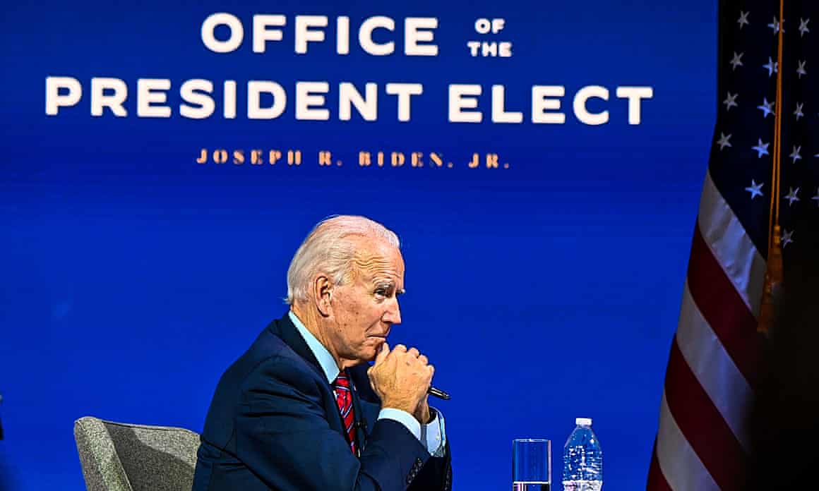 Joe Biden participating in a virtual meeting with the US Conference of Mayors at the Queen in Wilmington, Delaware, on Monday.