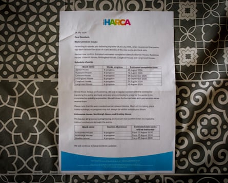 A letter from the housing association Poplar Harca explaining the delays to the works to rectify the pressure problem.